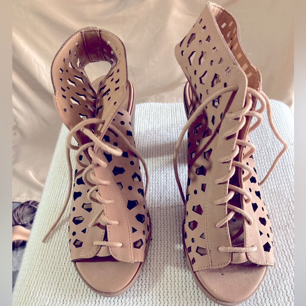 Tan Open Toe Shoe Boot With Open Heel And String … - image 1